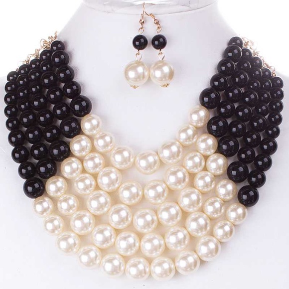 Color Block Pearl Chunky Necklace And Earring Set - Picture 2 of 9